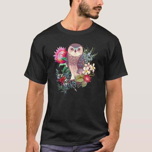 T-shirt Chouette Forestière Avec Fleurs Et Papillon (Devant)