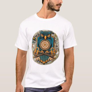 T-shirt Chouette mystique avec clés et horloge dorée