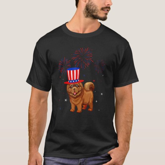 T-shirt Chow Chow Chien Rouge Blanc Bleu Feu d'artifice Dé (Devant)