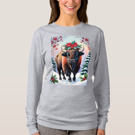 T-shirt Christmas Bison With Big Horns Snow & Poinsettias (Devant)