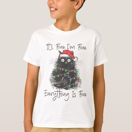 T-shirt Christmas Black Cat It's Fine I'm Fine Everything  (Devant)