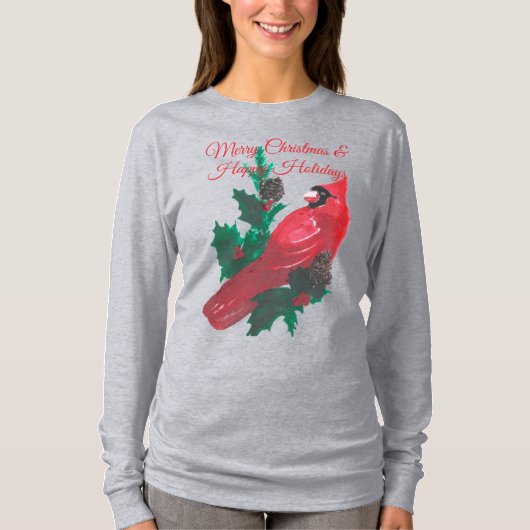 T-shirt Christmas Cardinal Holly & Berries Long Sleeve Tee (Devant)