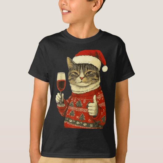 T-shirt Christmas Cat Likes Cute Cat Drinking Wine With Sa (Devant)