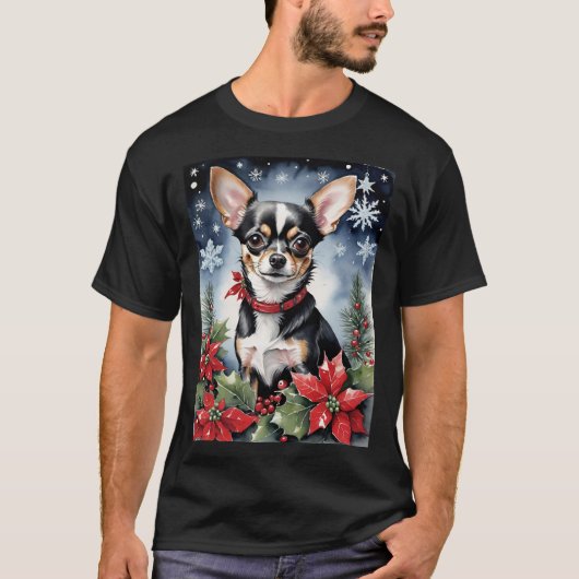 T-shirt Christmas Chihuahua With Poinsettias & Snowflakes (Devant)
