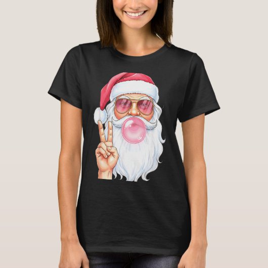 T-shirt Christmas Cool Santa Bubble Gum Peace Sign Retro S (Devant)