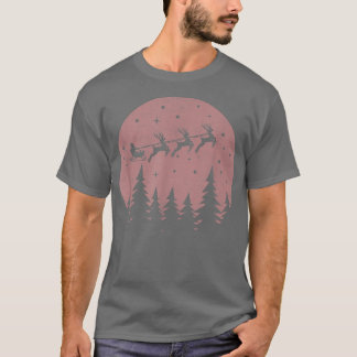 T-shirt Christmas Deer Santa Claus On Sleigh Forest Night