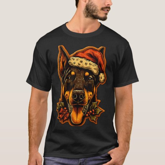 T-shirt Christmas Doberman Dog With Santa Hat Gingerbread  (Devant)