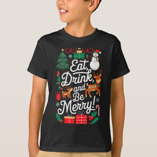 T-shirt Christmas Eat Drink Be Merry Xmas Santa Reindeer S (Devant)