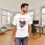 T-shirt Christmas family photo heart family name<br><div class="desc">White shirt. Personalize and add your own family photo. Heart shaped frame. Add your family name and year. Red text.</div>