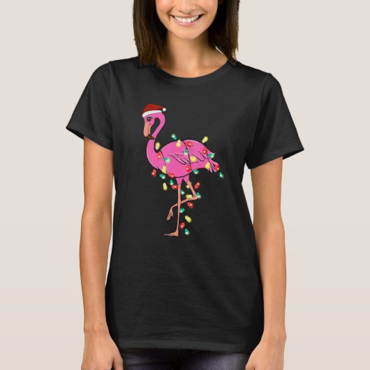 T-shirt Christmas Flamingo Santa Hat Xmas Lights Flamingo  (Devant)