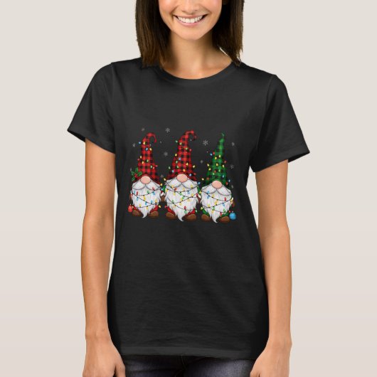 T-shirt Christmas Gnome Trio Buffalo Plaid Lights Cute Xma (Devant)