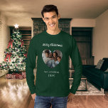 T-shirt Christmas green family photo heart name dad<br><div class="desc">Green shirt. Personalize and add your own family photo. Heart shaped frame. Add your family name and year. White text.</div>