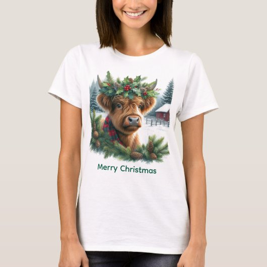 T-shirt Christmas Highland Cow with Pine  (Devant)
