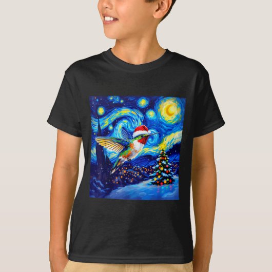 T-shirt Christmas Hummingbird Santa Hat Van Gogh Starry Ni (Devant)