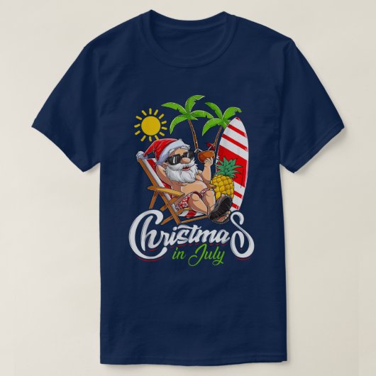 T-shirt Christmas In July Funny Santa Surfing Summer Beach (Design devant)