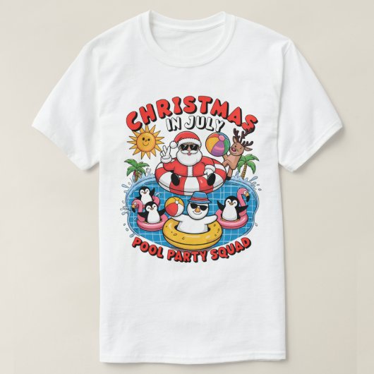 T-shirt Christmas in July Pool Party Squad Funny Santa Pen (Design devant)