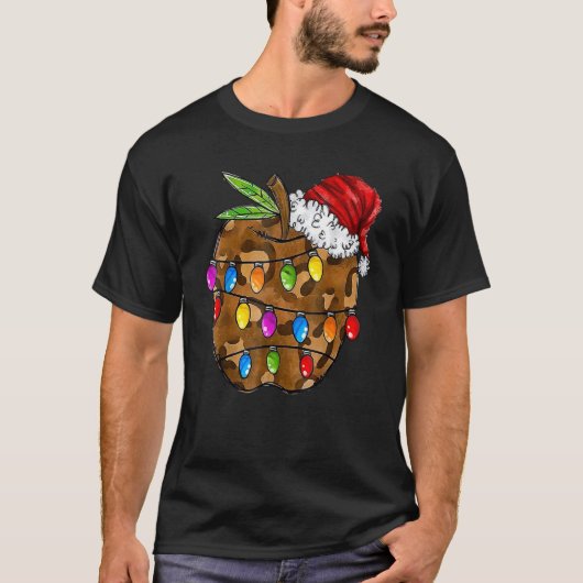 T-shirt Christmas Leopard Apple Santa Hat Christmas Teache (Devant)
