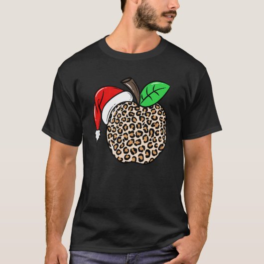 T-shirt Christmas Leopard Apple Santa Hat Christmas Teache (Devant)