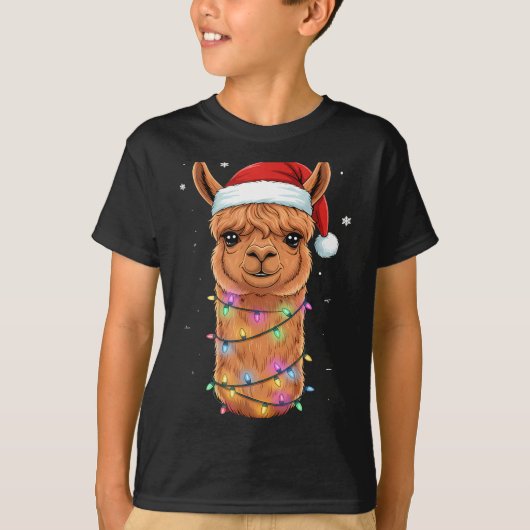 T-shirt Christmas Lights Alpaca Santa Hat Llama Cute Xmas  (Devant)