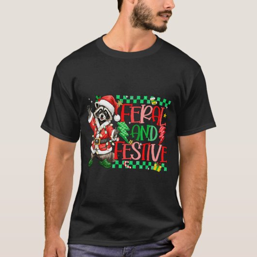 T-shirt Christmas Lights Feral But Festive Funny Raccoon S (Devant)