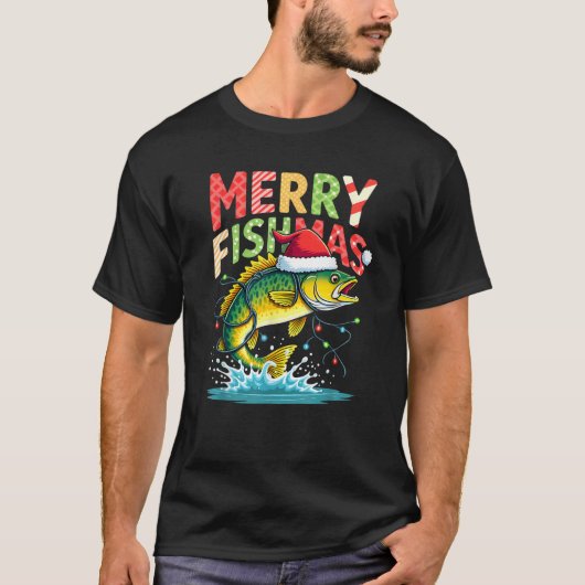 T-shirt Christmas Lights Fisherman Fishing Merry Fishmas  (Devant)