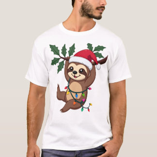 T-shirt Christmas Lights Sloth Wearing Xmas Hat - Sloth Lo