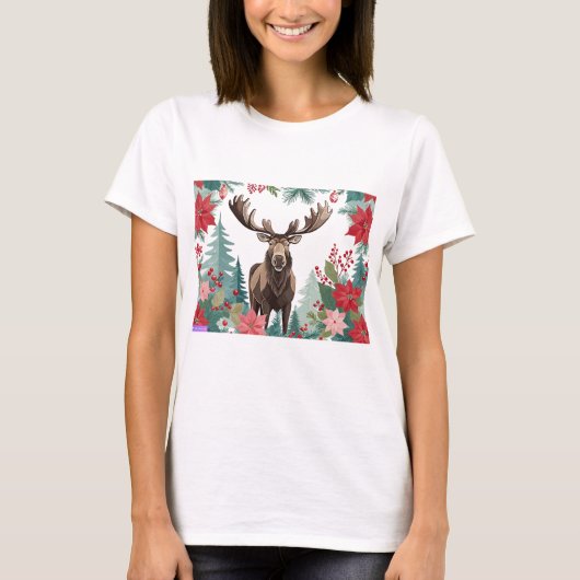 T-shirt Christmas Moose And Poinsettias (Devant)