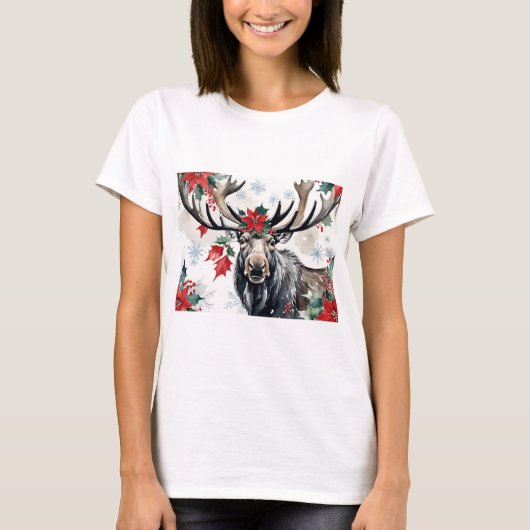 T-shirt Christmas Moose With Big Antlers And Poinsettias (Devant)