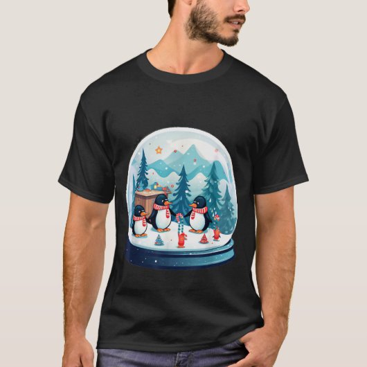 T-shirt Christmas Penguin Snow Globe Scene Family Holiday  (Devant)