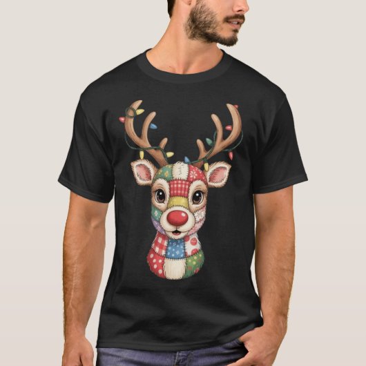 T-shirt Christmas Reindeer Patchwork Men Women Kids Cute R (Devant)