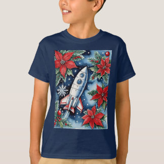 T-shirt Christmas Rocket Launch With Poinsettias At Night