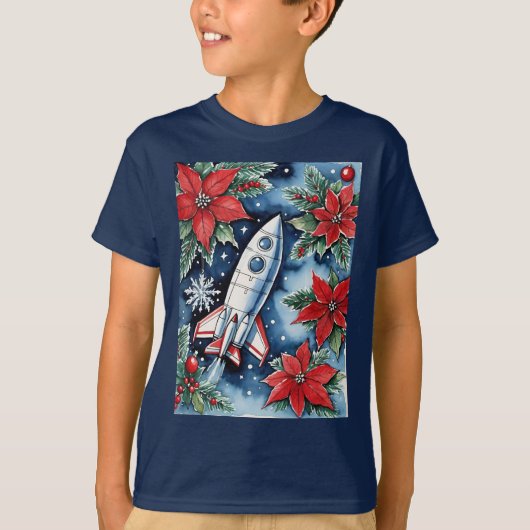 T-shirt Christmas Rocket Launch With Poinsettias At Night (Devant)