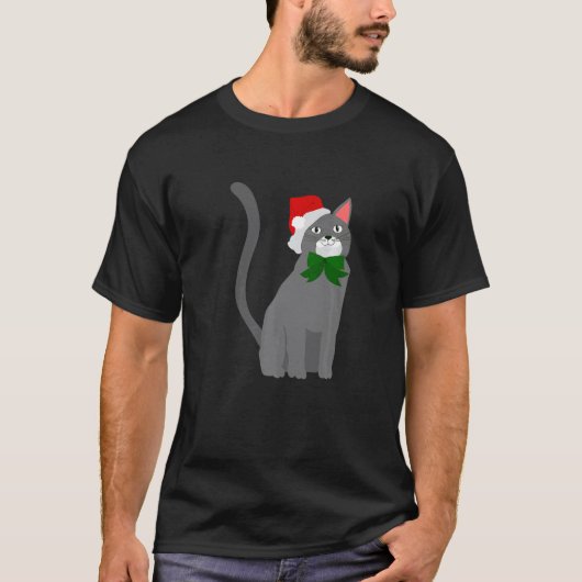 T-shirt christmas santa claus hat gray cat   (Devant)