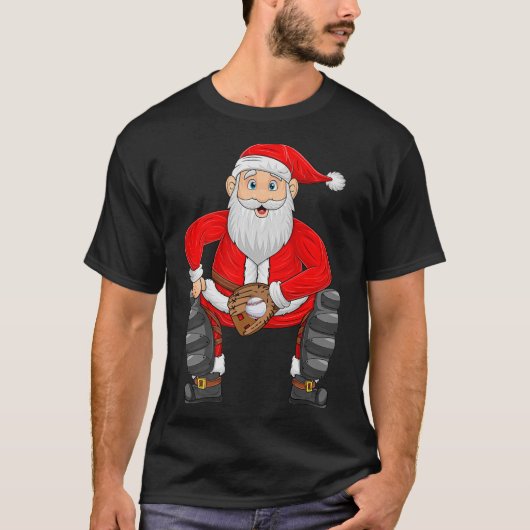 T-shirt Christmas Santa Playing Baseball Catcher Xmas Srts (Devant)