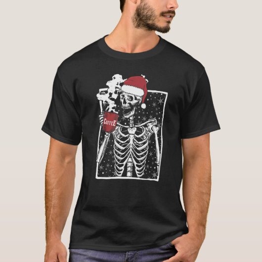 T-shirt Christmas Skeleton Drinking Coffee Festive Holiday (Devant)