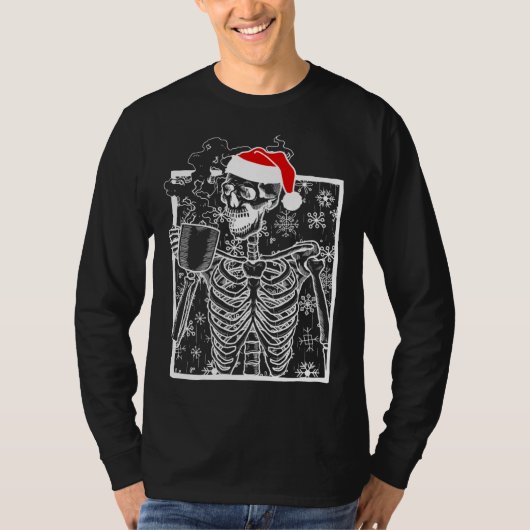 T-shirt Christmas Skeleton with Smiling Skull drinking Cof (Devant)