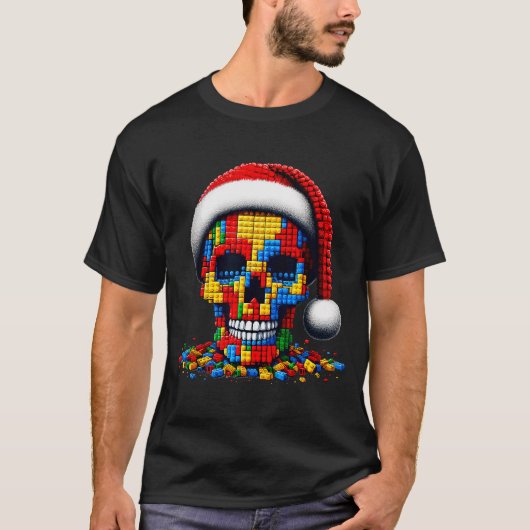 T-shirt Christmas Skull Santa Hat Block Bricks Master Buil (Devant)