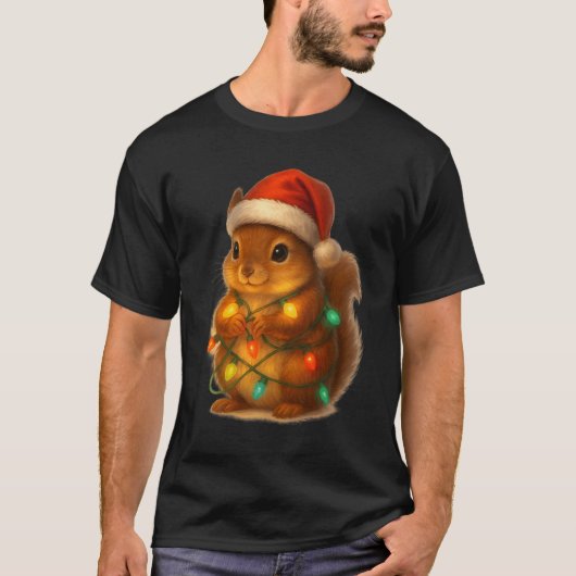T-shirt Christmas Squirrel Santa Hat Wrapped In Lights Fun (Devant)