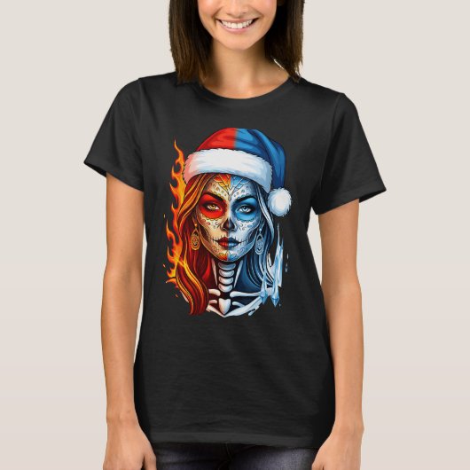 T-shirt Christmas Sugar Skull Art Woman Santa Hat Fantasy (Devant)