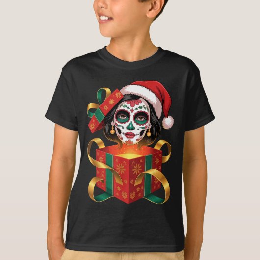 T-shirt Christmas Sugar Skull Art Woman Santa Hat Festive (Devant)