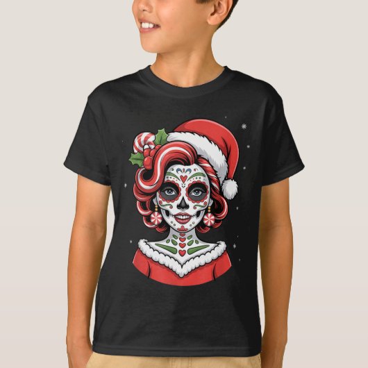 T-shirt Christmas Sugar Skull Art Woman Santa Hat Festive (Devant)
