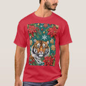 T-shirt Christmas Tiger With Poinsettias & Snowflakes (Devant)