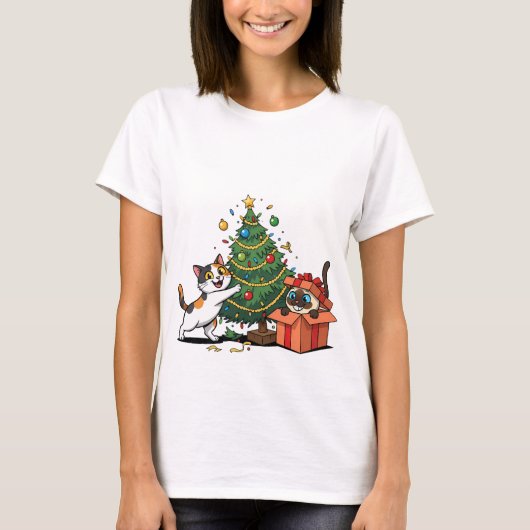 T-shirt Christmas Tree & Gift Surprise Cats  (Devant)