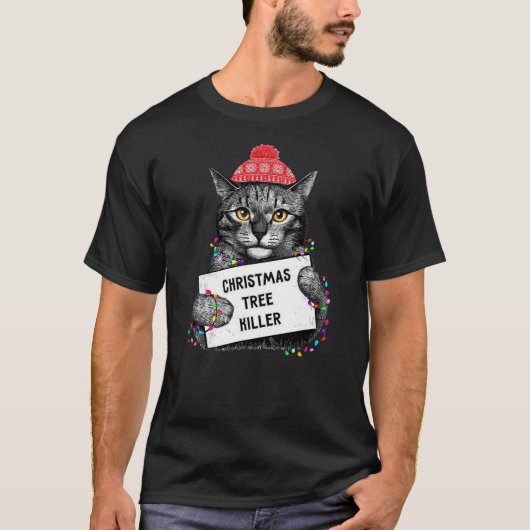 T-shirt Christmas Tree Killer Cat Christmas Hat Funny Cat (Devant)