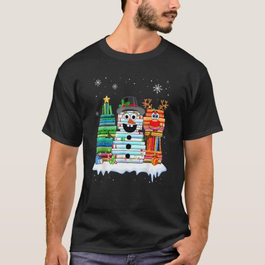 T-shirt Christmas Tree Snowman Reindeer Book Stack Librari (Devant)