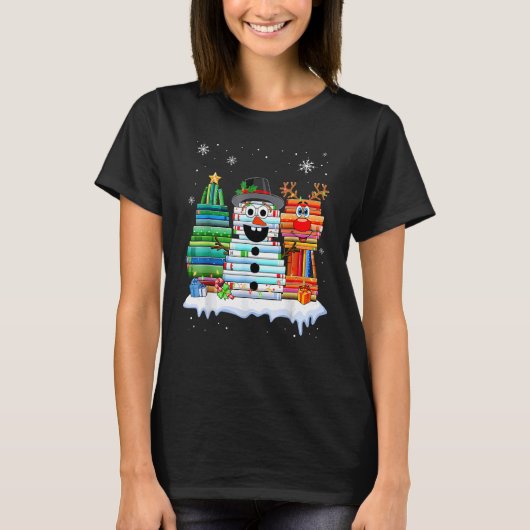 T-shirt Christmas Tree Snowman Reindeer Book Stack Librari (Devant)