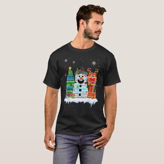 T-shirt Christmas Tree Snowman Reindeer Book Stack Librari (Devant entier)