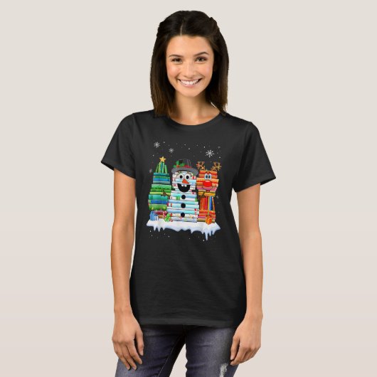 T-shirt Christmas Tree Snowman Reindeer Book Stack Librari (Devant entier)