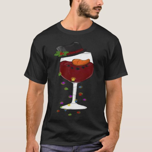 T-shirt Christmas Wine Glass Santa Hat  Holiday (Devant)