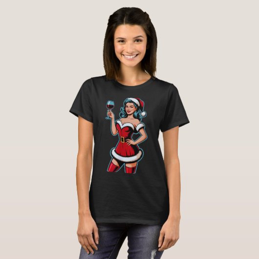 T-shirt Christmas Wine Santa Girl Holiday Party Funny Vint (Devant entier)